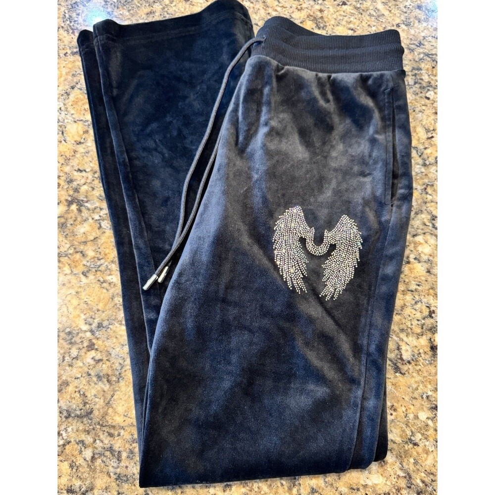 True Religion Crystal Wing Velour Pants Womens S Black Rhinestone Y2K Style
